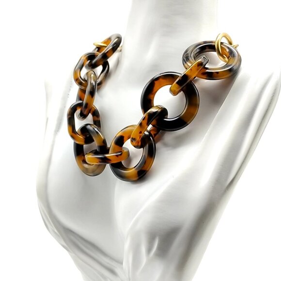 J. Crew Tortoise Shell Chain Link Statement Necklace Gold Tone Chunky - Picture 5 of 11